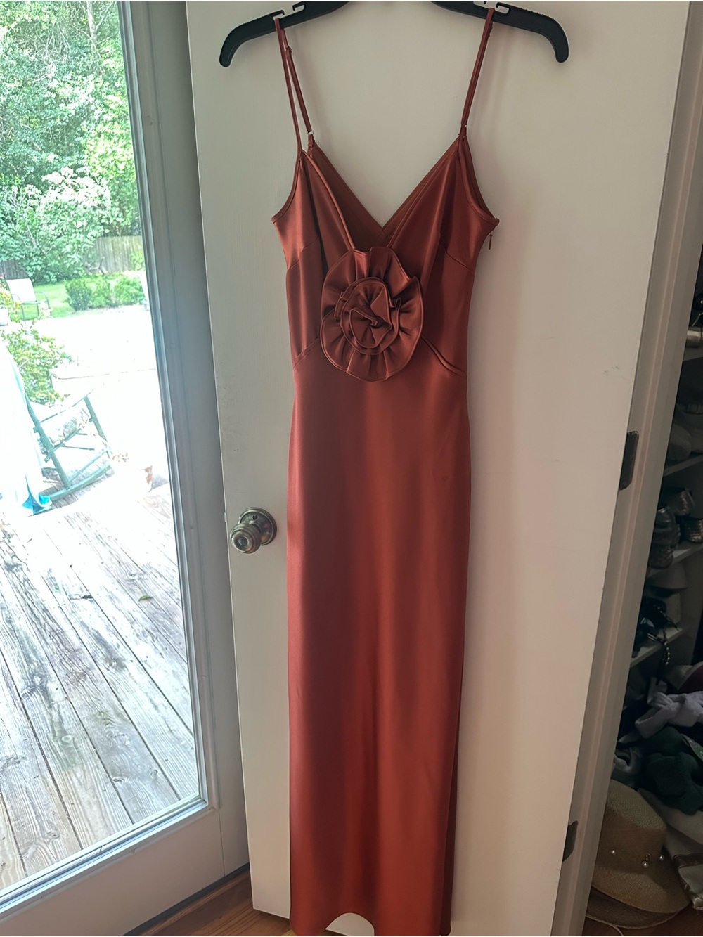 Gianni Bini Rust Satin Maxi Dress with Rosette